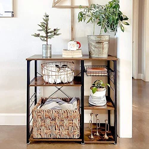 MUYIASER Kitchen Baker's Rack 4-Tier Microwave Stand With Storage Microwave Oven Stand With Steel Basket And 5 Hooks For Kitchen Home Spice Coffee Snack Vintage Brown 6 MUYIASER Kitchen Baker's Rack 4-Tier Microwave Stand With Storage Microwave Oven Stand With Steel Basket And 5 Hooks For Kitchen Home Spice Coffee Snack Vintage Brown - Image 4