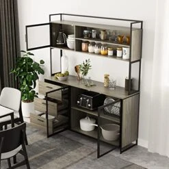 AIEGLE Large Kitchen Hutch Storage Cabinet, Pantry Cabinets With Hutch, Metal Frame Cupboard With Mesh Door, Drawer & Microwave Shelf, Freestanding Kitchen Storage, Rustic (59" W X 15.7" D X 68.5" H) -Amazon Store 51ASGu4I3sL