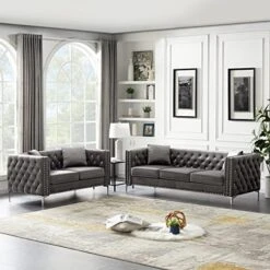 2-Piece Black Velvet Upholstered Living Room Furniture Set, Including 3-Seater Sofa And Loveseat With Jeweled Buttons, Square Arm, Four Pillows Included For Living Room, Office 22 2-Piece Black Velvet Upholstered Living Room Furniture Set, Including 3-Seater Sofa And Loveseat With Jeweled Buttons, Square Arm, Four Pillows Included For Living Room, Office -Amazon Store 51ASW3KFxL. AC 1