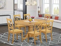 East West Furniture AVBO7-OAK-W Kitchen Set 6 Amazing Room Chairs-A Stunning Round Color Wooden Seat Oak Butterfly Leaf Modern Dining Table -Amazon Store 51AUNOYSdNL. AC