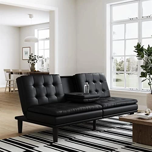 SDFGH Futon With Cupholder, Black Convertible Folding Bed Sofa 4 SDFGH Futon With Cupholder, Black Convertible Folding Bed Sofa - Image 2