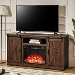 AMERLIFE Fireplace TV Stand Sliding Barn Door Wood Entertainment Center With A 23'' Electric Fireplace Insert, Modern Farmhouse Storage Cabinet Console For TVs Up To 65", Distressed White & Barnwood -Amazon Store 51AW5ITCGBL. AC