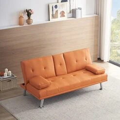 Verfur Convertible Sleeper Sofa Bed,Adjustable Futon Couch Modern Folding Lounge Recliner For Living Room With 2 Cup Holders, Removable Soft Armrest And Sturdy Metal Leg, Orange PU -Amazon Store 51AfbKS5cqL