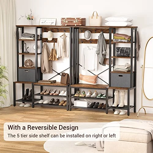 Aheaplus Hall Tree With Storage Bench, Coat Rack, 5-Tier Shelves, Fabric Storage Basket, Side Hooks, 71’’ Industrial 5 In 1 Large Organizer, Wood Look Accent Furniture-Sturdy Metal Frame, Rustic Brown 5 Aheaplus Hall Tree With Storage Bench, Coat Rack, 5-Tier Shelves, Fabric Storage Basket, Side Hooks, 71’’ Industrial 5 In 1 Large Organizer, Wood Look Accent Furniture-Sturdy Metal Frame, Rustic Brown - Image 3