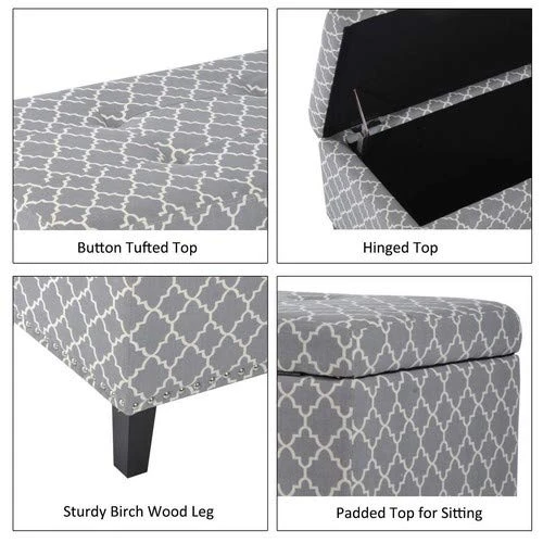 HOMCOM Large 42" Tufted Linen Fabric Upholstery Storage Ottoman Bench With Lift-top For Living Room, Entryway, Or Bedroom - Grey Lattice 6 HOMCOM Large 42" Tufted Linen Fabric Upholstery Storage Ottoman Bench With Lift-top For Living Room, Entryway, Or Bedroom - Grey Lattice - Image 4