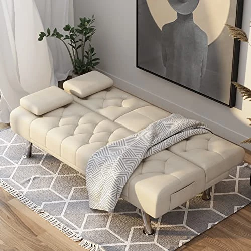 ITUSUT Upholstered Futon Sofa Bed, Convertible Folding Sleeper Couch For Apartment, Dorm, 2 Cupholders, Wood Frame And Easy Assembly, Cream Beige 6 ITUSUT Upholstered Futon Sofa Bed, Convertible Folding Sleeper Couch For Apartment, Dorm, 2 Cupholders, Wood Frame And Easy Assembly, Cream Beige - Image 4