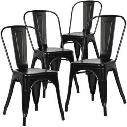 Poly And Bark Metal Modern Dining Chair, Industrial Mid Century Kitchen Cafe Restaurant Side Chair, Stackable, Black (Set Of 4)