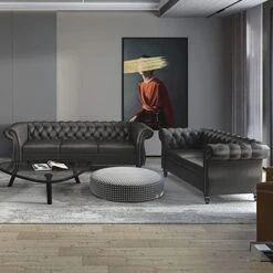 MIYZEAL 2 Pieces Living Room Sectional Sofa Set, Modern Velvet Button Tufted Chesterfield Sofa With Rolled Arm, Classic Upholstered Low Back Loveseat 3 Seater Couch For Living Room (Gray) -Amazon Store 51AxgfM7MSL. AC