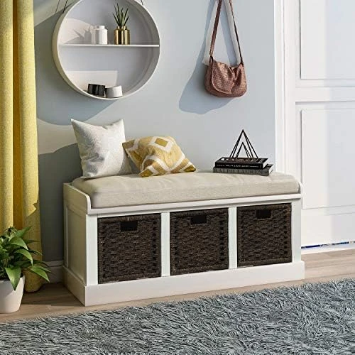 Storage Bench With 3 Basket Drawers, Rustic Entryway Bench/Shoe Bench With Cushioned Seat For Entryway, Hallway, Mudroom, Living Room (Off-White) 11 Storage Bench With 3 Basket Drawers, Rustic Entryway Bench/Shoe Bench With Cushioned Seat For Entryway, Hallway, Mudroom, Living Room (Off-White) - Image 9