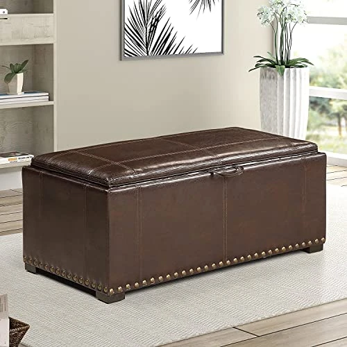 AC Pacific Leather 2 Side Ottomans Storage Bench With, Brown 6 AC Pacific Leather 2 Side Ottomans Storage Bench With, Brown - Image 4