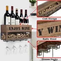 J JACKCUBE DESIGN Wine Rack Wall Mounted Wine Decor, 5 Wine Bottle Storage Shelf With 4 Stemware Wine Glass Holder Organizer, Cork Storage Display For Kitchen, Home Bar - MK450A