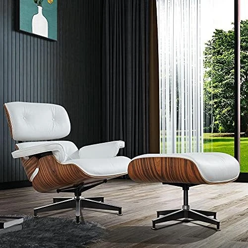 GENERIC Mid Century Lounge Chair With Ottoman, Genuine Leather Classic Modern Chair With 8-Layer Palisander Wood And Aluminum Base For Living Room Office Study Lounge (Palisander And White, Standard Size) 10 GENERIC Mid Century Lounge Chair With Ottoman, Genuine Leather Classic Modern Chair With 8-Layer Palisander Wood And Aluminum Base For Living Room Office Study Lounge (Palisander And White, Standard Size) - Image 8