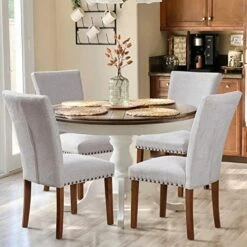 COLAMY Upholstered Parsons Dining Chairs Set Of 4, Fabric Dining Room Kitchen Side Chair With Nailhead Trim And Wood Legs - Beige -Amazon Store 51BHSka65ML. AC