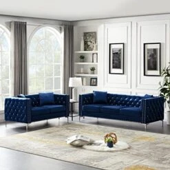2-Piece Black Velvet Upholstered Living Room Furniture Set, Including 3-Seater Sofa And Loveseat With Jeweled Buttons, Square Arm, Four Pillows Included For Living Room, Office 27 2-Piece Black Velvet Upholstered Living Room Furniture Set, Including 3-Seater Sofa And Loveseat With Jeweled Buttons, Square Arm, Four Pillows Included For Living Room, Office -Amazon Store 51BIWN4rpCL. AC 1