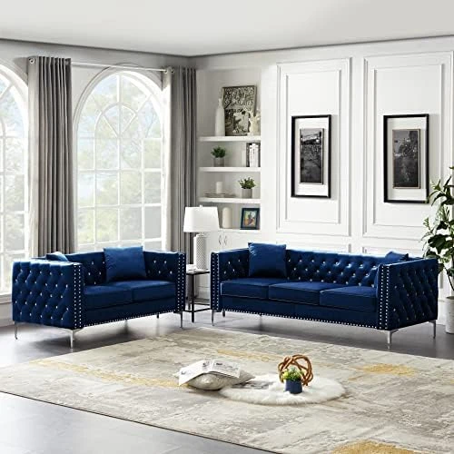 2-Piece Black Velvet Upholstered Living Room Furniture Set, Including 3-Seater Sofa And Loveseat With Jeweled Buttons, Square Arm, Four Pillows Included For Living Room, Office 15 2-Piece Black Velvet Upholstered Living Room Furniture Set, Including 3-Seater Sofa And Loveseat With Jeweled Buttons, Square Arm, Four Pillows Included For Living Room, Office - Image 13