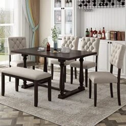 Mojay 6-Piece Rectangular Espresso Wood Dining Table Set With 4 Upholstered Chairs And Bench For Kitchen And Dining Room