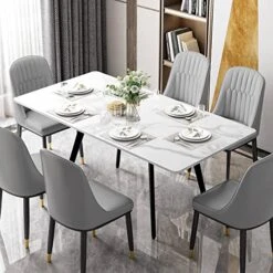 KithKasa Modern Dining Table With Sintered Stone Tabletop And Black Metal Legs For 6, 55 Inch Rectangle Kitchen Table For Dining Room Restaurants Living Room White(Table Only)