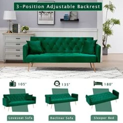KINFFICT Velvet Futon Sofa Bed With 2 Pillows, Convertible Sleeper Sofa Couch With 3 Angle Adjustable Backrest, Modern Loveseat With 4 Golden Metal Legs For Living Room And Bedroom (Green) 14 KINFFICT Velvet Futon Sofa Bed With 2 Pillows, Convertible Sleeper Sofa Couch With 3 Angle Adjustable Backrest, Modern Loveseat With 4 Golden Metal Legs For Living Room And Bedroom (Green) -Amazon Store 51BkAZuFMeL