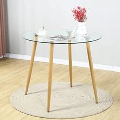 Round Dining Table - Modern Round Glass Dining Table Small Space Dining Room Table - Kitchen Table With Tempered Glass Tabletop And Metal Legs - Wood