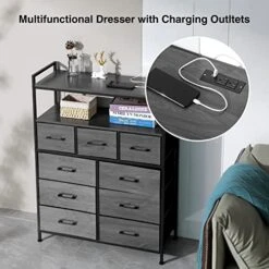 WASAGUN 9 Fabric Drawers Dresser, Dresser For Bedroom With Charging Station & USB Ports, Aluminum Alloy Handle And Wooden Top, Chest Of Drawers For Bedroom, Dark Grey -Amazon Store 51BwOMrxKHL