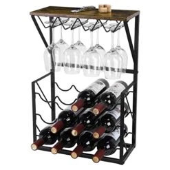 MOOACE Wood Wine Rack, Countertop Wine Storage Stand, Hold 12 Wine Bottles And 8 Glasses, Freestanding Wine Holder Stand For Kitchen, Pantry, Cellar, Bar