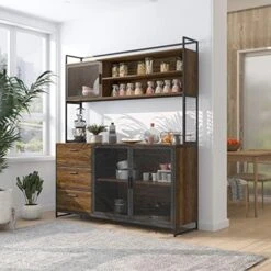 ECACAD Modern Wood Sideboard Buffet Storage Cabinet With Hutch, 3 Metal Mesh Doors, 3 Drawers & 5 Compartments, Kitchen Pantry Cupboard Console Table For Living Room, Dining Room, Light Oak -Amazon Store 51CFtYtRfrL. AC