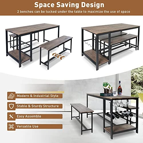 Koreyosh 3 Piece Kitchen Table Set With Bench, 55''Lx25.2''W Dining Table Set For 4,Breakfast Nook Table Set Mid Century Modern Dining Set For Small Spaces Compact W/Storage Shelf Rack, Wine Rack 6 Koreyosh 3 Piece Kitchen Table Set With Bench, 55''Lx25.2''W Dining Table Set For 4,Breakfast Nook Table Set Mid Century Modern Dining Set For Small Spaces Compact W/Storage Shelf Rack, Wine Rack - Image 4