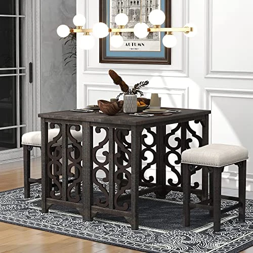 Kisyapoo Multipurpose Retro 3-Piece Dining Table Set, Solid Wood Counter Height Pub Foldable With 2 Padded Saddle Stools For Kitchen Room Home Bar, Space-Saving Design (Espresso) 4 Kisyapoo Multipurpose Retro 3-Piece Dining Table Set, Solid Wood Counter Height Pub Foldable With 2 Padded Saddle Stools For Kitchen Room Home Bar, Space-Saving Design (Espresso) - Image 2