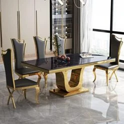 Pvillez White Marble Dining Table For 8-10 Person, 78" Rectangle Marble Top Dining Table With O Shape Gold Stainless Steel Pedestal Base,Mid Century Modern Dining Table For Kitchen Dining Room Dinner -Amazon Store 51CYz8tSobL. AC