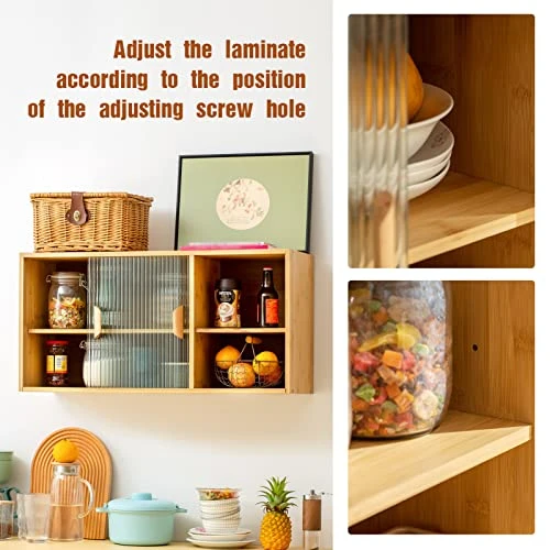 HollyHOME Bamboo Wall Mounted Kitchen Pantry Sideboard With 2 Sliding Door, Freestanding Wall Storage Cabinet With Shelf For Spice Seasoning Bottle, Dish, Bowl, Console Dining Cupboard, Burlywood 6 HollyHOME Bamboo Wall Mounted Kitchen Pantry Sideboard With 2 Sliding Door, Freestanding Wall Storage Cabinet With Shelf For Spice Seasoning Bottle, Dish, Bowl, Console Dining Cupboard, Burlywood - Image 4