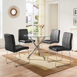 3 Pieces, Dining Tables For 2, 1 Round Glass Dining Room Table And 2 Faux Leather Kitchen Chairs, Chrome Metal Legs, Comfortable Upholstered Seat And Back, Set For Waiting Room, Living Room, Office -Amazon Store 51CgXJhS9xL. AC