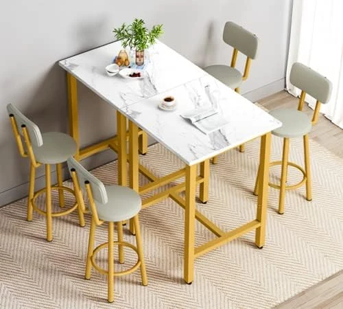 AWQM Small Dining Table Set For 2, Bar Set With 1 Square Table And 2 Upholstered Chairs With Back, Faux Marble Table Breakfast Table With Footrest For Home & Kitchen (White & Gold) 14 AWQM Small Dining Table Set For 2, Bar Set With 1 Square Table And 2 Upholstered Chairs With Back, Faux Marble Table Breakfast Table With Footrest For Home & Kitchen (White & Gold) - Image 12