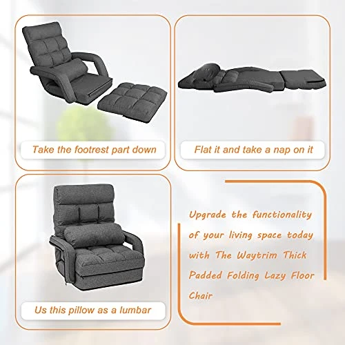 WAYTRIM Indoor Chaise Lounge Sofa, Folding Lazy Sofa Floor Chair, 6-Position Folding Padded Lounger Bed With Armrests - Dark Gray 6 WAYTRIM Indoor Chaise Lounge Sofa, Folding Lazy Sofa Floor Chair, 6-Position Folding Padded Lounger Bed With Armrests - Dark Gray - Image 4