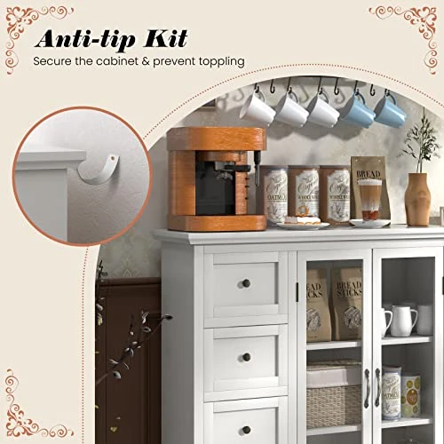 COSTWAY Buffet Sideboard Storage Cabinet, Console Table With 4 Drawers, 2-Glass Door, For Kitchen Dining Room, Entryway, Kitchen Pantry, Buffet Server (White) 8 COSTWAY Buffet Sideboard Storage Cabinet, Console Table With 4 Drawers, 2-Glass Door, For Kitchen Dining Room, Entryway, Kitchen Pantry, Buffet Server (White) - Image 6