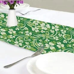 Exnundod St Patrick Shamrock Lucky Table Runner 90 Inches Green Cirrus Clovers Spring Runner For Spring Dining Table Kitchen Holiday Home Seasonal Decor