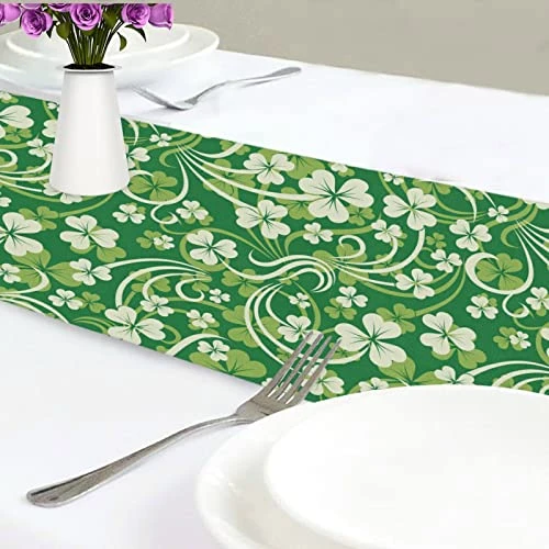 Exnundod St Patrick Shamrock Lucky Table Runner 90 Inches Green Cirrus Clovers Spring Runner For Spring Dining Table Kitchen Holiday Home Seasonal Decor 3 Exnundod St Patrick Shamrock Lucky Table Runner 90 Inches Green Cirrus Clovers Spring Runner For Spring Dining Table Kitchen Holiday Home Seasonal Decor