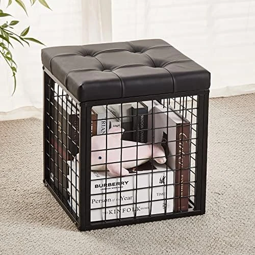 Mxfurhawa Iron Mesh Storage Ottoman, 55L Multipurpose Ottoman With Storage For Bedroom And Livingroom, Faux Leather Black Footrest With Foam Padded Seat, Support 350lbs 9 Mxfurhawa Iron Mesh Storage Ottoman, 55L Multipurpose Ottoman With Storage For Bedroom And Livingroom, Faux Leather Black Footrest With Foam Padded Seat, Support 350lbs - Image 7