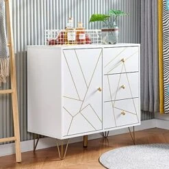 White Kitchen Storage Cabinet, 1 Door 3-Drawer Dining Buffet Server Cabinet, Living Room Sideboard Organizer, Modern Console Table Cupboard With Golden Groove Door -Amazon Store 51D5x9vVJML. AC