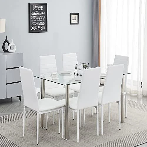 Paonne Glass Dining Table And Chair 7 Pieces Set, Dining Table Set For 6 Kitchen Room Table With 6 Chairs, Rectangular Glass Table With 4 PU Chairs 12 Paonne Glass Dining Table And Chair 7 Pieces Set, Dining Table Set For 6 Kitchen Room Table With 6 Chairs, Rectangular Glass Table With 4 PU Chairs - Image 10