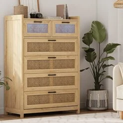 AOGLLATI Dresser For Bedroom With Led Light, Natural Rattan 6 Drawer Dressers, Dressers & Chests Of Drawers, Bedroom Closet Wood Tall Dresser For Bedroom, Hallway, Entryway -Amazon Store 51DBBWGew0L