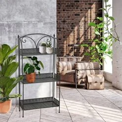 WHW Whole House Worlds Farmers Favorite 3 Tier Rack, Plant Stand, Black Powder Coated Iron, Punched Floral Fold-Out Rimmed Shelves, Finial Top Details, 23 1/2 L X 11 W X 48 H Inches, -Amazon Store 51DMmpvRYaL