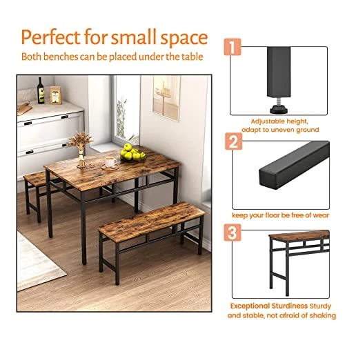 CALABASH Dining Room Table Set With 2 Benches, Industrial 3 Piece Dining Set For Home, Kitchen, Apartment And Small Space,Rustic Brown And Black Metal Frame 5 CALABASH Dining Room Table Set With 2 Benches, Industrial 3 Piece Dining Set For Home, Kitchen, Apartment And Small Space,Rustic Brown And Black Metal Frame - Image 3