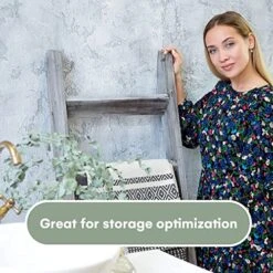 Hallops Blanket Ladder 5 Ft | Premium Wood Rustic Ladder Shelf | Ladder Shelf For Quilt | Rustic Farmhouse Decor | Vintange Wooden Ladder Shelf (Thick, Gray White)