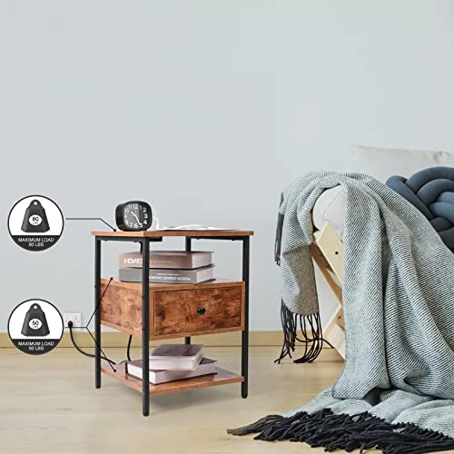 Living Room End Table With Charging Station For Small Space, Sofa Couch Bedside Nightstand With USB Ports & Outlets, Slim Storage Side Table With Drawer Shelf For Bedroom, Rustic Brown 6 Living Room End Table With Charging Station For Small Space, Sofa Couch Bedside Nightstand With USB Ports & Outlets, Slim Storage Side Table With Drawer Shelf For Bedroom, Rustic Brown - Image 4