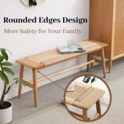 Bamskov 100% Solid Oak Dining Bench With Rope Weaving Artwork - Versatile Modern Furniture For Entryway, Dining Room, Bedroom, Kitchen - 32" L (Natural) -Amazon Store 51DZDZ1d6DL