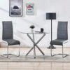 STYLIFING Dining Room Set Round Clear Glass Top Crisscrossing Chrome Metal Legs Kitchen Table And 2 Modern High Back Grey Faux Leather Chairs Home Kitchen Office Waiting Room Use