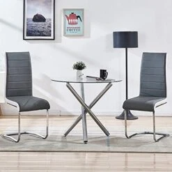 STYLIFING Dining Room Set Round Clear Glass Top Crisscrossing Chrome Metal Legs Kitchen Table And 2 Modern High Back Grey Faux Leather Chairs Home Kitchen Office Waiting Room Use -Amazon Store 51Dd5bpOynL. AC