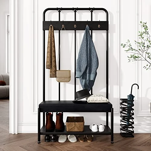 Allewie Coat Rack Shoe Bench, 76" Freestanding Hall Tree, Entryway Bench With Storage Shelves, Upholstered Sponge-Padded Seat, Organized With 5 Hooks, Industrial Accent Furniture, Easy Assembly, Black 3 Allewie Coat Rack Shoe Bench, 76" Freestanding Hall Tree, Entryway Bench With Storage Shelves, Upholstered Sponge-Padded Seat, Organized With 5 Hooks, Industrial Accent Furniture, Easy Assembly, Black - Image 2