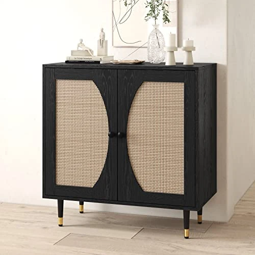 Black Buffet Sideboard Cabinet, Sideboards And Buffets With Natural Rattan Doors, Modern Entryway Console Table With Storage, Accent Storage Cabinet With Adjustable Shelves For Living Dining Room 5 Black Buffet Sideboard Cabinet, Sideboards And Buffets With Natural Rattan Doors, Modern Entryway Console Table With Storage, Accent Storage Cabinet With Adjustable Shelves For Living Dining Room - Image 3