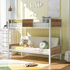 LZ LEISURE ZONE Twin-Over-Futon Bunk Bed, Metal Futon Bunk Bed Frame With Guardrails And Ladder, White
